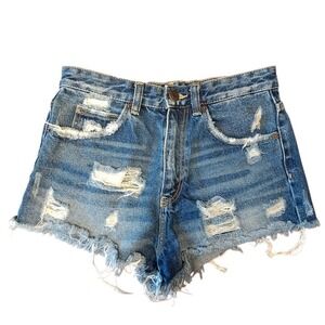 ZARA‎ Shorts Trafaluc Denimwear Blue Distressed High Rise Cut Off Denim Size 2